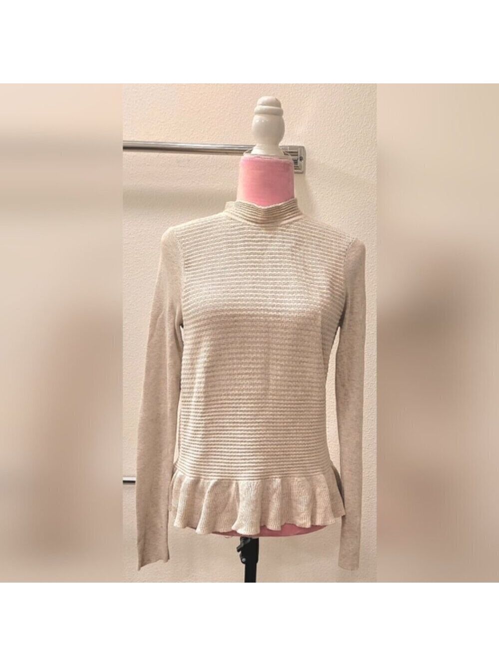 HINGE Cream Mock Neck Cotton Blend Ruffled Pullover Sweater Sz Small